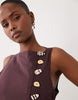 linen blend mini vest dress with poplin skirt in chocolate