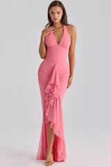 raspberry mesh halter neck waterfall maxi dress