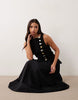 linen blend maxi vest dress with poplin skirt in black