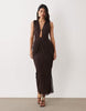 plunge neck gather detail mesh maxi dress in chocolate