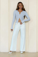 BASE Luxe Rib Button Front Long Sleeve Top Blue