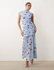 printed polka dot ruched drop waist circle dress with grown-on neck in blue