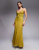 bias cut plunge bodice maxi dress with godets in olive