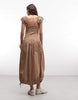 COLLUSION shirred cap sleeve midi dress in textured green plaid