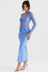 blue satin bias cut midi skirt
