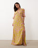 Hope & Ivy Petite v-neck frill short sleeve slit front maxi dress in green and pink floral
