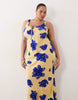 Curve scoop neck tie front midi dress in blown out blue floral
