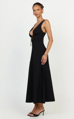 Silvena Midi Dress - Plunge Neckline Tie Front A Line Dress in Black