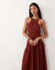 racer back maxi dress with asymmetrical waist detail in dark rust