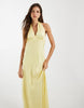 Object plunge front halterneck hammered satin maxi dress in pale yellow