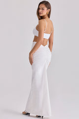 white cotton v back draped maxi skirt