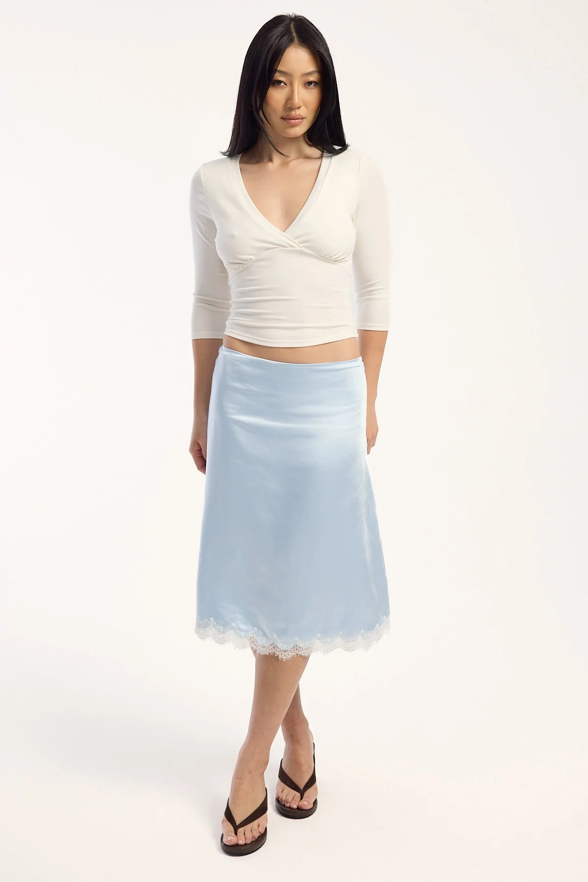Perfect Stranger Matilda Satin Lace Midi Skirt Blue/White