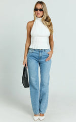 Erica Top - High Neck Halter Pleated Tie Back Top in Off White