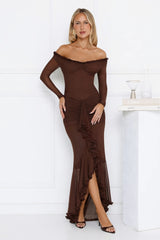 Lunar Twinkle Mesh Off Shoulder Maxi Dress Brown