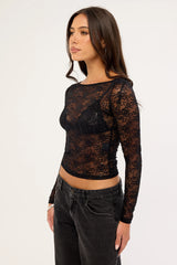 Luck & Trouble Mia Sequin Lace Long Sleeve Top Black