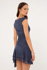 Luck & Trouble Sammy Off Shoulder Asymmetrical Mini Dress Slate
