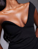 crepe one shoulder gathered midi dress with split in black in scuba-style fabric