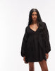 v neck laundered smock mini dress in washed black