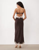 Tall corset slip maxi dress with lace and side slit in chocolate