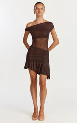 Ivy Mini Dress - Tip Shoulder Asymmetric Ruched Yoke Dress in Chocolate
