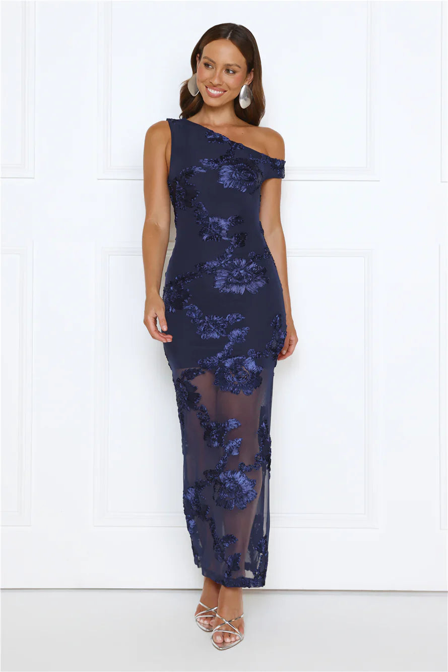 Bloom Soirée Off Shoulder Maxi Dress Navy