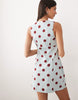 square neck bodycon mini sundress in blue and burgundy polka dots