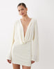 SNDYS premium jersey deep cowl neck flared sleeve mini dress in off-white