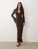 printed mesh asymmetric angel sleeve maxi dress in leopard