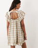 scoop neck mini smock dress with ruffles in tan plaid