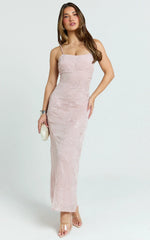 Elysia Midi Dress - Sequin Straight Neck Tie Back Dress in Pale Pink