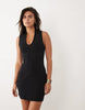 plunge front grown-on neck mini dress in black