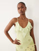 mesh spliced polka dot plunge maxi dress with backless frill detail in lemon