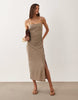 Mango square neck slit hem midi dress in beige
