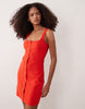 button down rib knit mini dress with picot trim in bright red