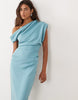 asymmetric off-shoulder midi dress in blue scuba-style fabric