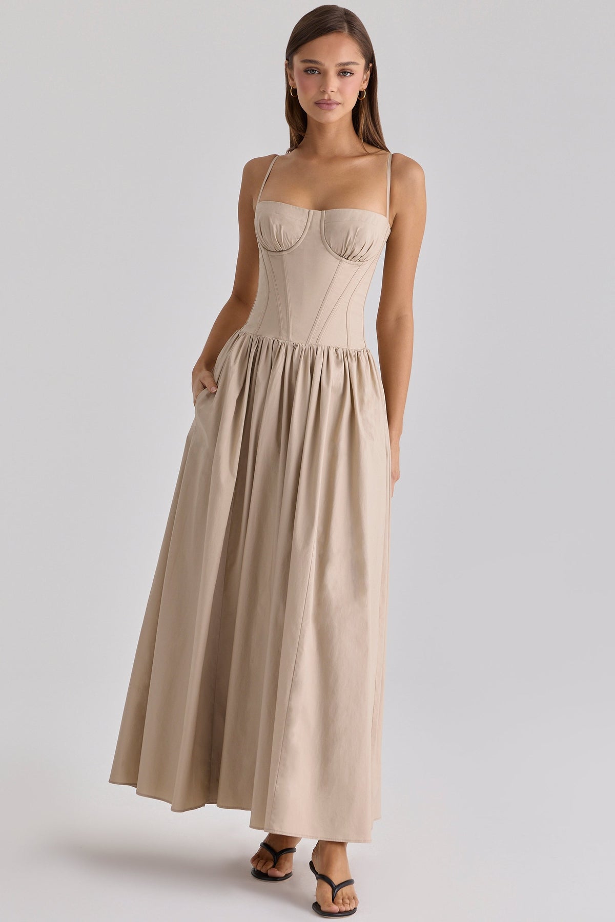 taupe cotton corset maxi dress
