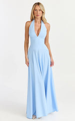 Poppy Maxi Dress - Contrast Skirt Deep Plunge Halter Dress in Blue
