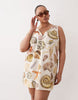 Curve cotton linen v neck smock mini dress in shell print