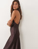 Mango boat neck sleeveless satin midi dress in chocolate brown