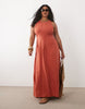Curve premium 100% linen waisted maxi dress with open back in terracotta