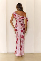 Romantic Rose Satin One Shoulder Maxi Dress Pink