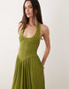 crinkle halter neck midi dress in olive