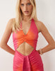 Murci halterneck cut out ruffle detail split front maxi dress in pink sunset ombre