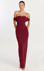 Karina Maxi Dress - Off Shoulder Corset Bodice Lace Up Back Dress in Wine