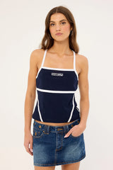 Rusty Demi Queen Fitted Cami Top Navy Blue &amp; White