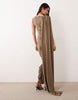 TFNC slinky sleeveless shoulder pad ruched cape detail maxi dress in olive