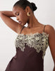 satin bias lace applique mini dress in chocolate and yellow