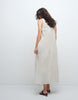 poplin scoop ruched neck maxi sundress in black and cream striped print