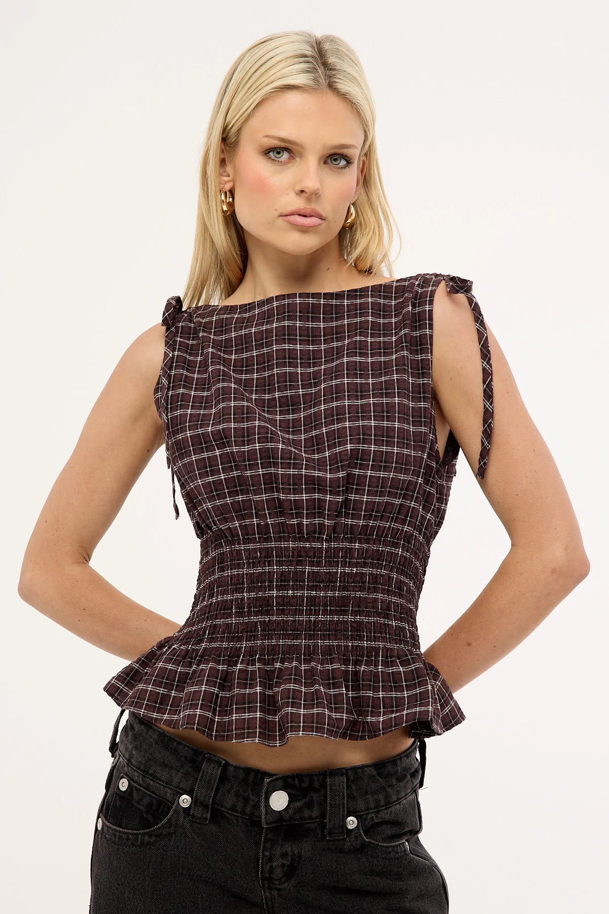 Luck & Trouble Andie Ruched Tie Top Brown Check