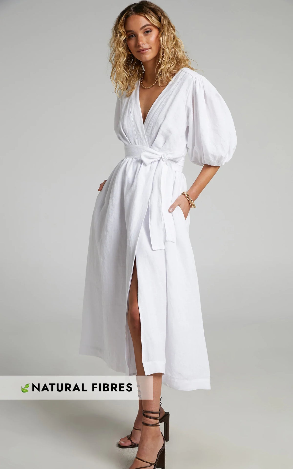 Amalie The Label - Franc Linen Puff Sleeve Wrap Midi Linen Dress - In White